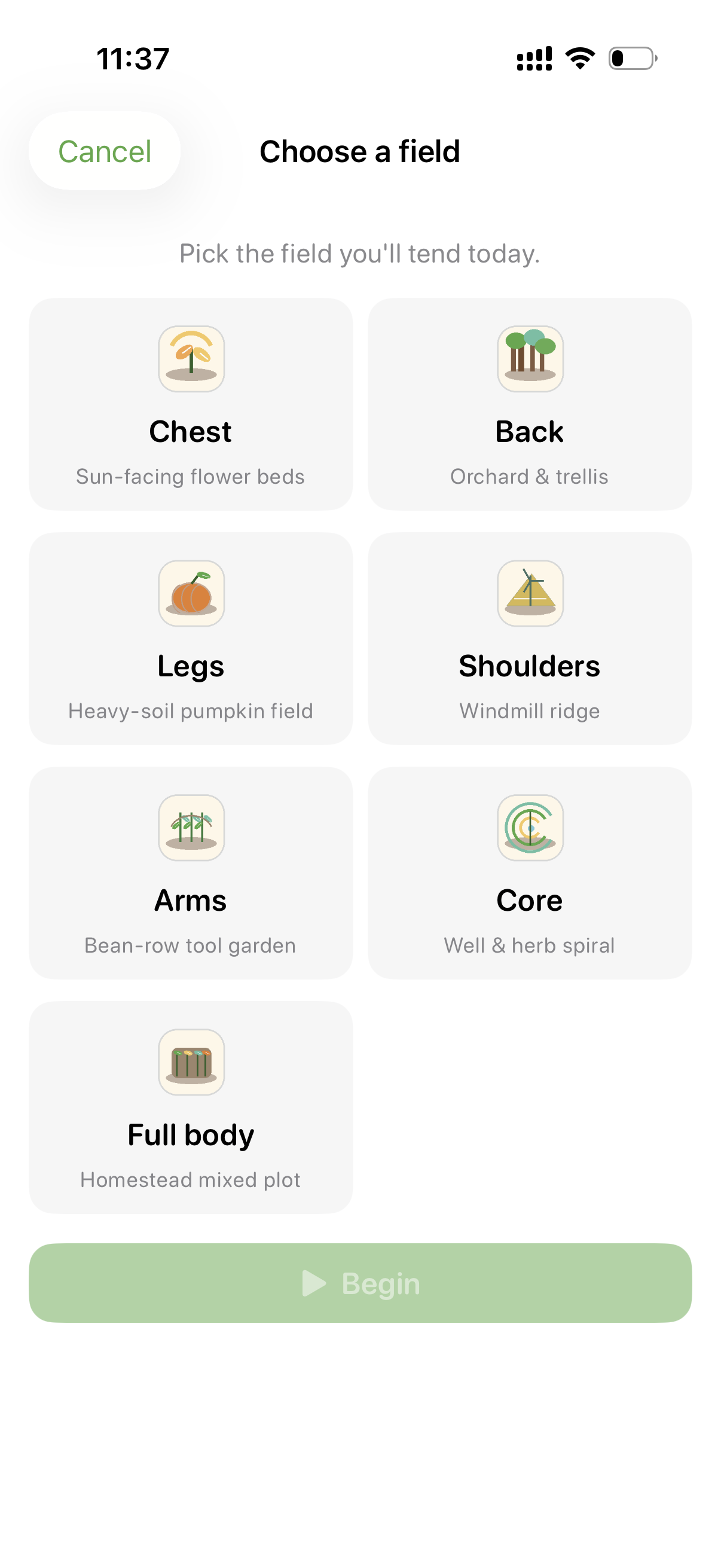 FarmFit 选择今日照料的田地 · 身体部位化为农场地块
